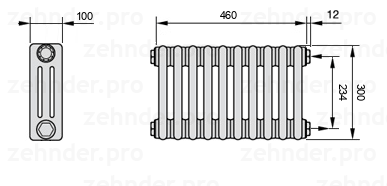Схема (чертеж) Радиатор Zehnder Charleston 3030/10 №7610 Белый глянцевый RAL 9016